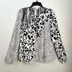 Cabi Brown Black White Animal Print Long Sleeves Casual Blouse Tops L